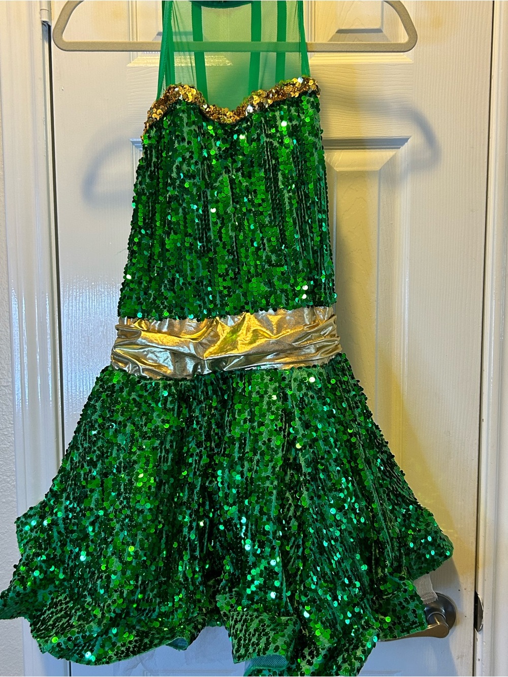 Weissman Green Sequin Dance Dress with Gold Waistband